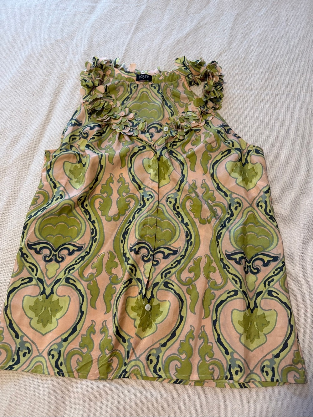 J. Crew Pink & Olive Patterned Ruffle-Neck Sleeveless Top